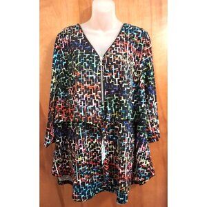 Avenue Zip Tie neck Colorful 3/4 Sleeve Tunic Blouse Tie Top Size 22/24 blouse